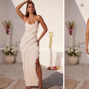 Ivory Ruffled Dress - Cross Front - Floor Length